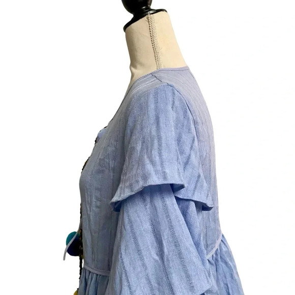 English Factory Blue Pom Pom Tie Top Tiered Sleeve Blouse Size Small - Picture 10 of 16